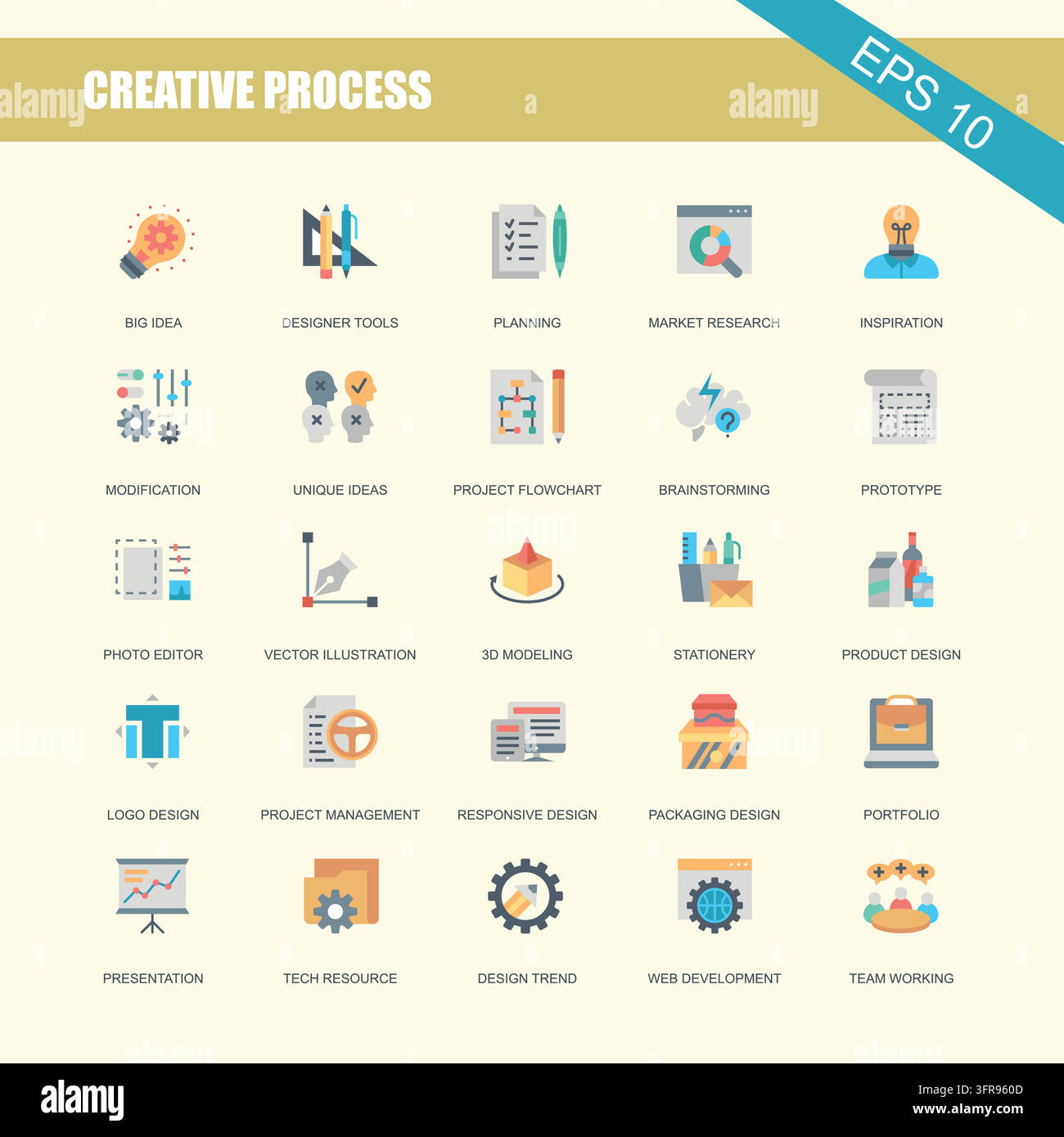 Creative process flat icon set for project management and office work Stock Vector