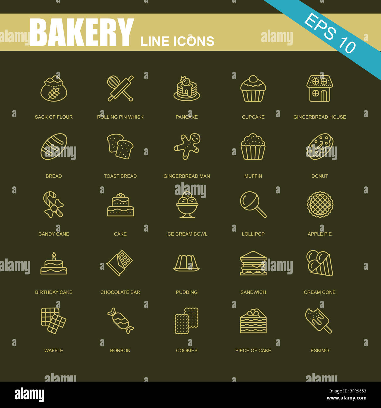 Comprehensive collection of bakery line art symbols on dark background Stock Vector