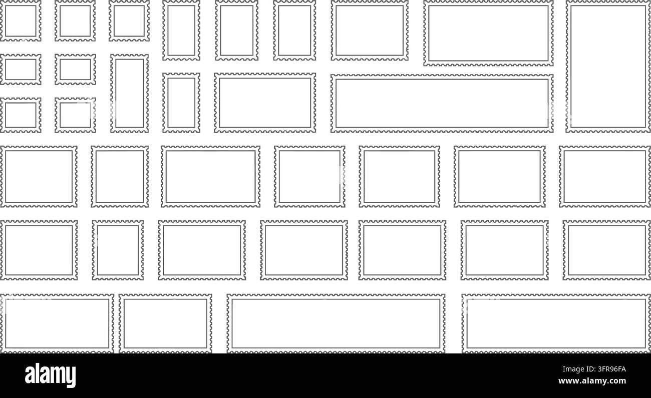 Rectangular postage stamp frames with serrated edges as black outlines Stock Vector