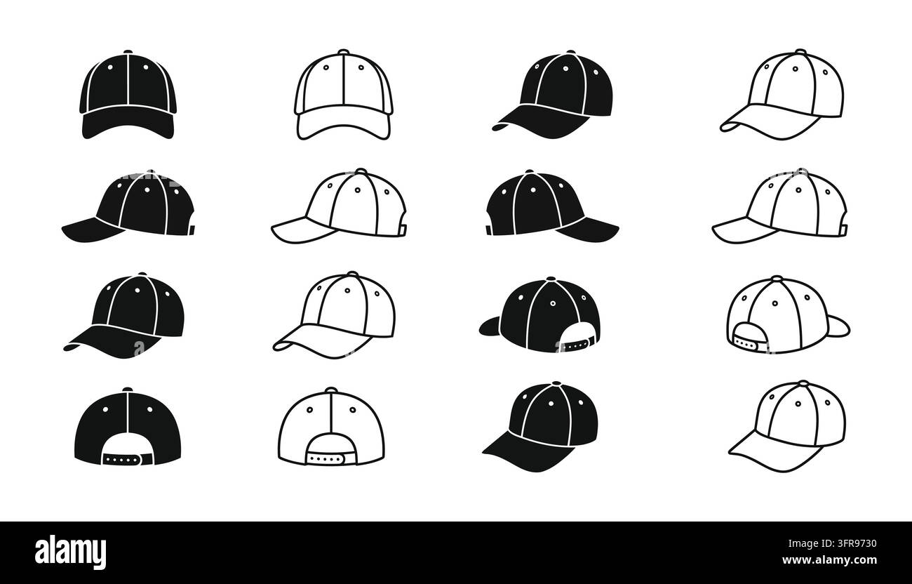 Baseball cap icon set showing various styles and angles on white background Stock Vector