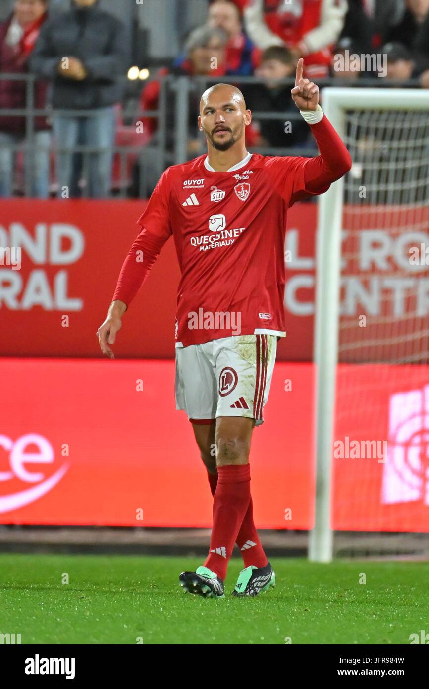 Ludovic AJORQUE of Brest celebrate after scores during Ligue 1 McDonald ...