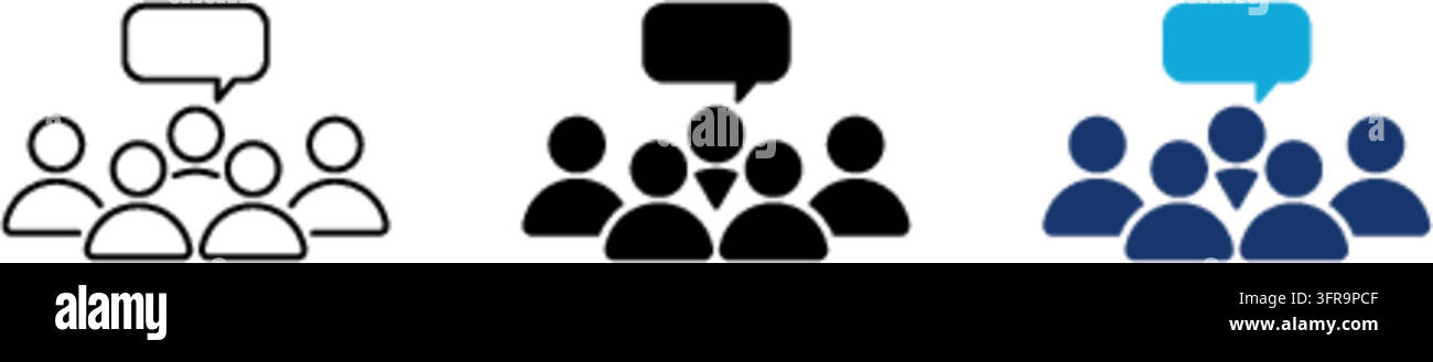 Three minimalist crowd and speech bubble vector icons featuring outline, solid, and color styles, ideal for community, communication, and social netwo Stock Vector