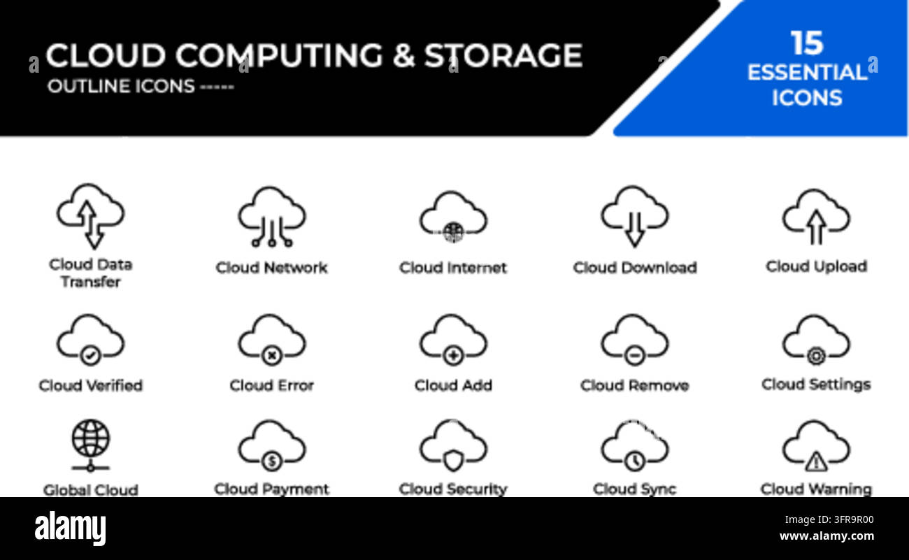 A set of fifteen minimalist outline vector icons representing cloud computing and storage concepts, including data transfer, network, internet, downlo Stock Vector