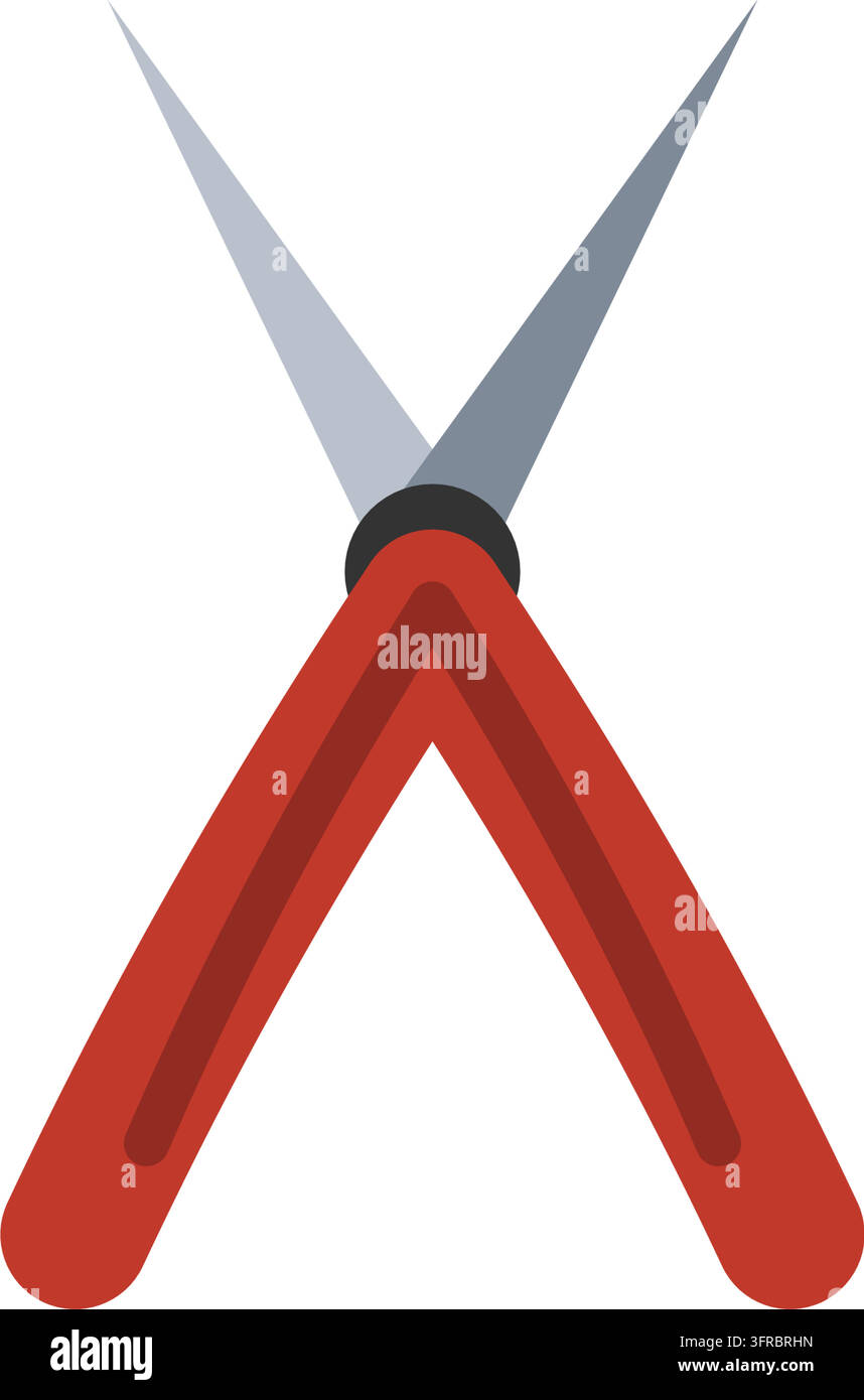 Flat vector illustration of pruning shears with red handles and crossed steel blades, isolated on white. Garden trimming and secateurs tool icon. Stock Vector