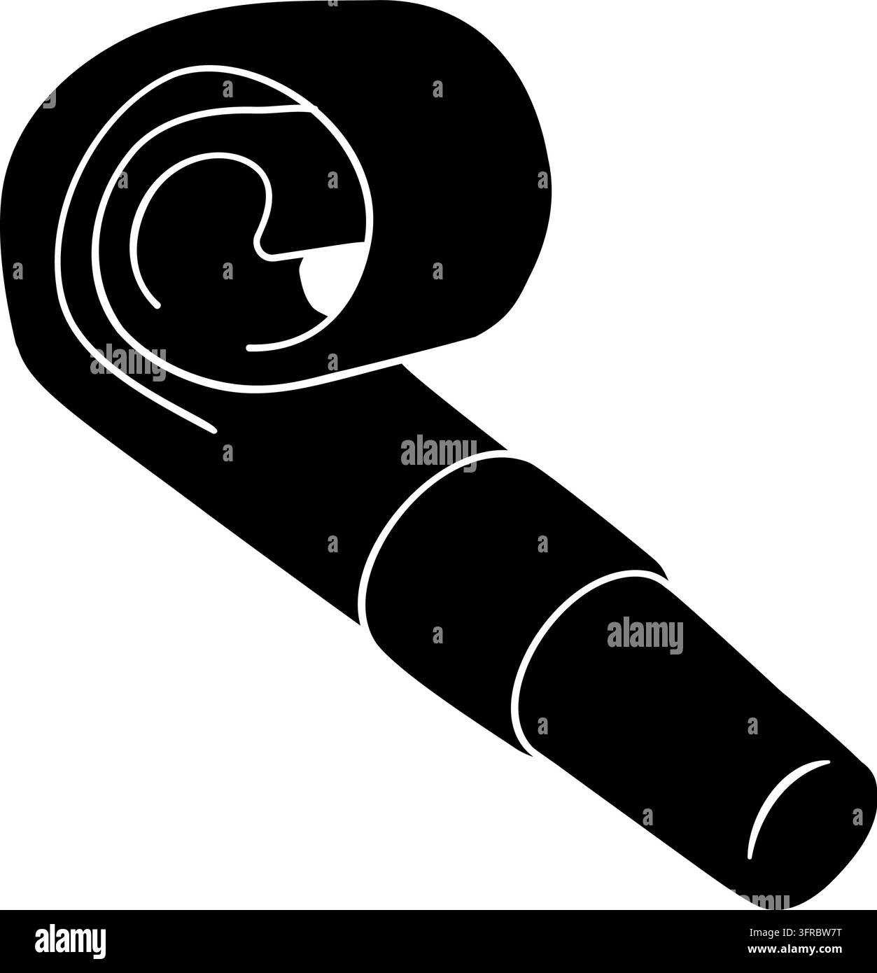 Black silhouette illustration of a coiled party blower noisemaker with mouthpiece, isolated on white. Bold celebration graphic for birthdays, parties, Stock Vector