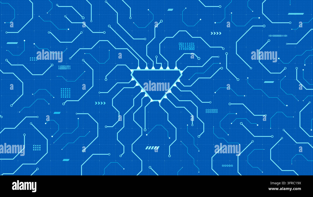 Bright blue circuit board background with a glowing inverted triangle microchip core and electronic PCB traces. Stock Vector