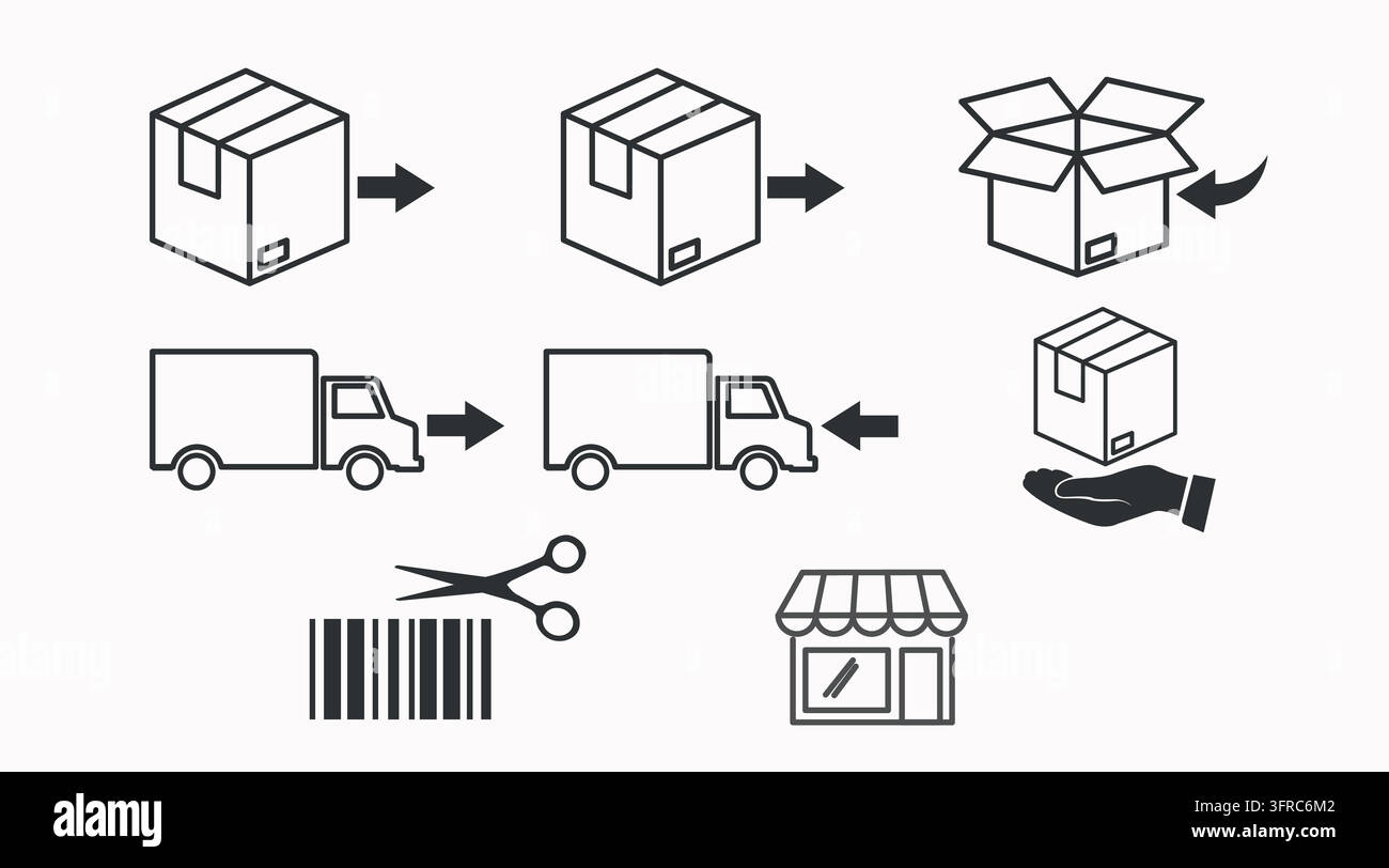 Set of 8 e-commerce reverse logistics and product returns vector icons. Black line art style on white background. Stock Vector