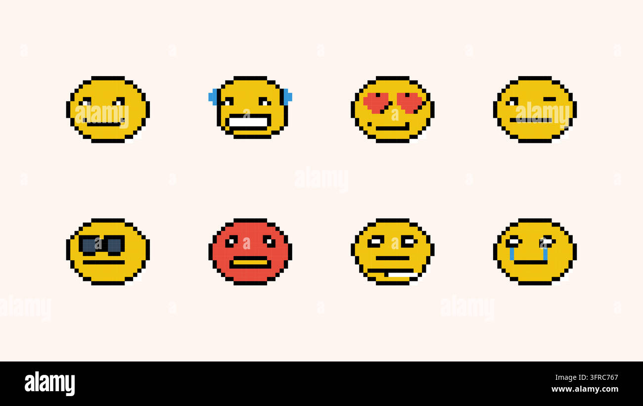 Set of pixel art emoji icons for game interface and social media communication. Retro 8-bit emoticons vector including happy, crying, angry, heart eye Stock Vector