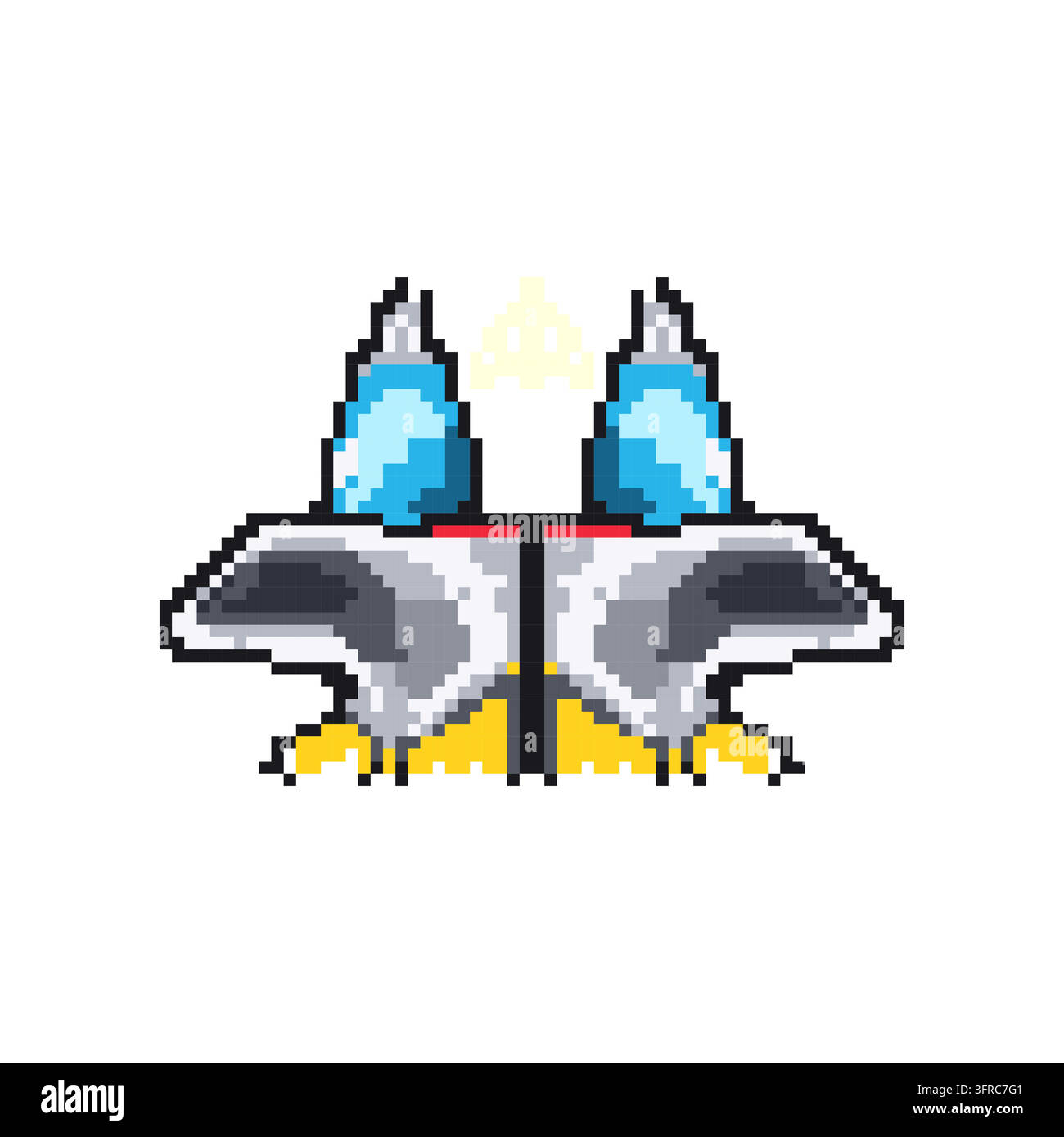 Classic metallic UFO flying saucer with glowing lights hovering in the cosmic void in pixel art style, detailed extraterrestrial vector ship for space Stock Vector