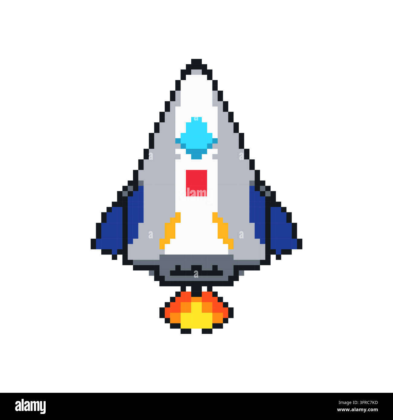 Pixel art vector illustration of a symmetrical space rocket with blue fins and an orange exhaust flame. Stock Vector