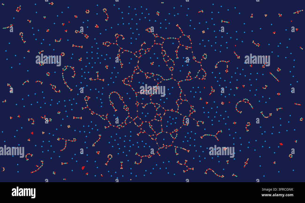 Colorful particles and molecular clusters create an abstract science and technology pattern on a dark blue vector background. Stock Vector
