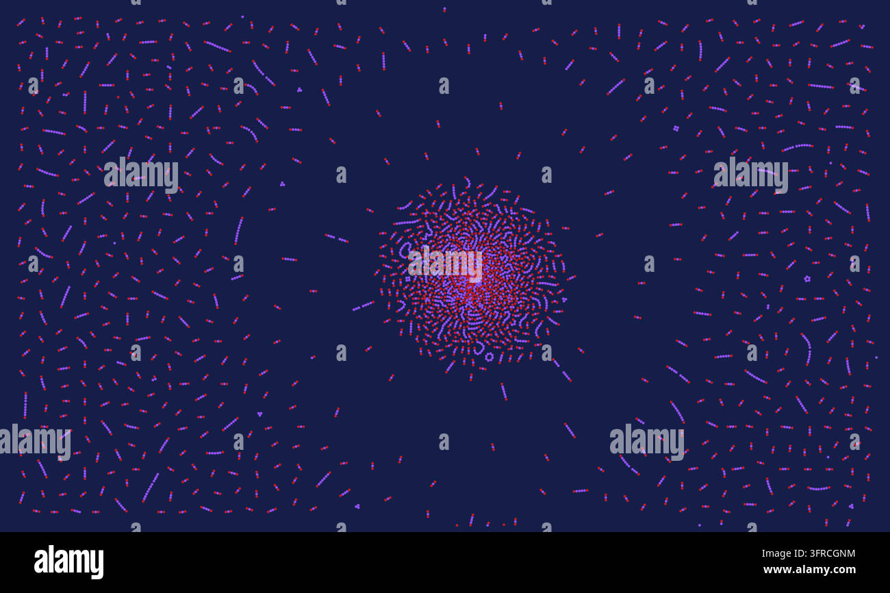 Colorful particles and molecular clusters create an abstract science and technology pattern on a dark blue vector background. Stock Vector