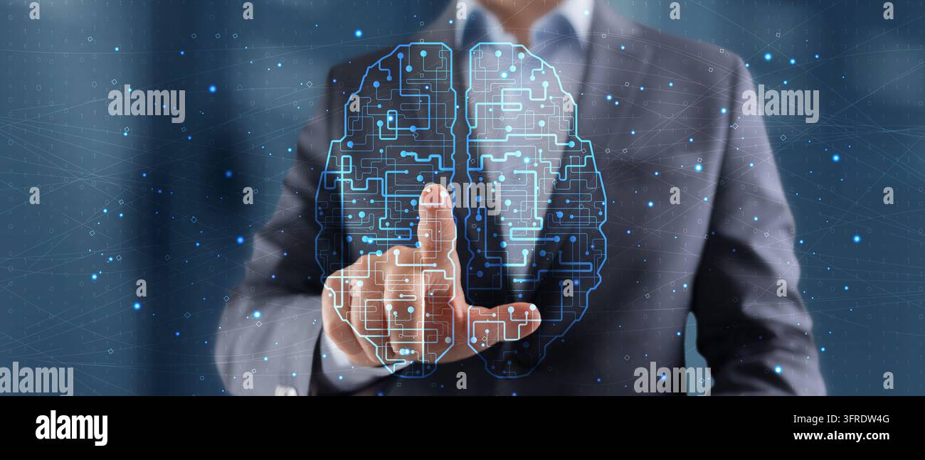 Businessman interacting with a digital brain interface symbolizing artificial intelligence and digital transformation Stock Photo