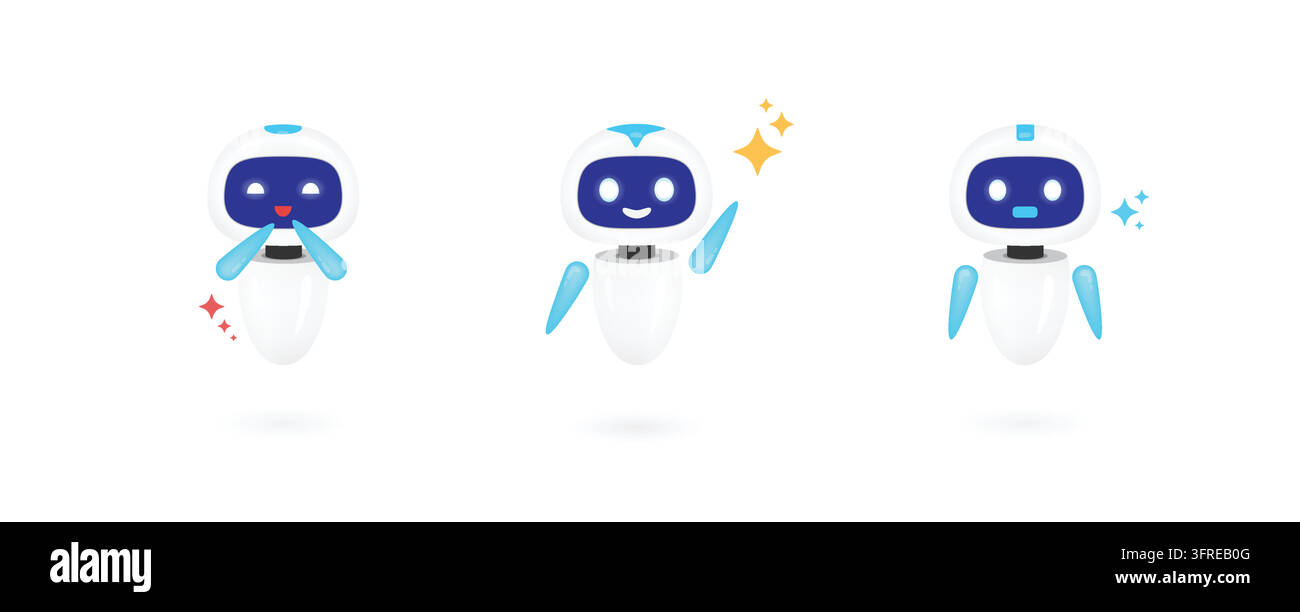 Cute white and blue AI chatbot robot characters shown in different poses as a virtual assistant mascot set. Stock Vector