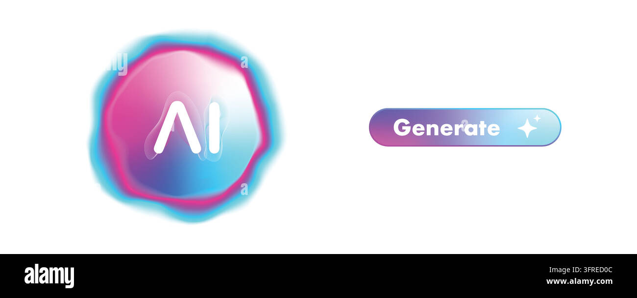 Neon gradient AI generate button with fluid abstract logo symbol. Artificial intelligence interface element for creative app or web design. Vector ill Stock Vector