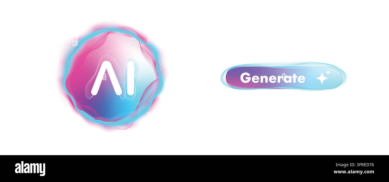 Vector AI logo and generate button set with fluid gradient neon colors. Futuristic artificial intelligence interface element, machine learning tech, a Stock Vector
