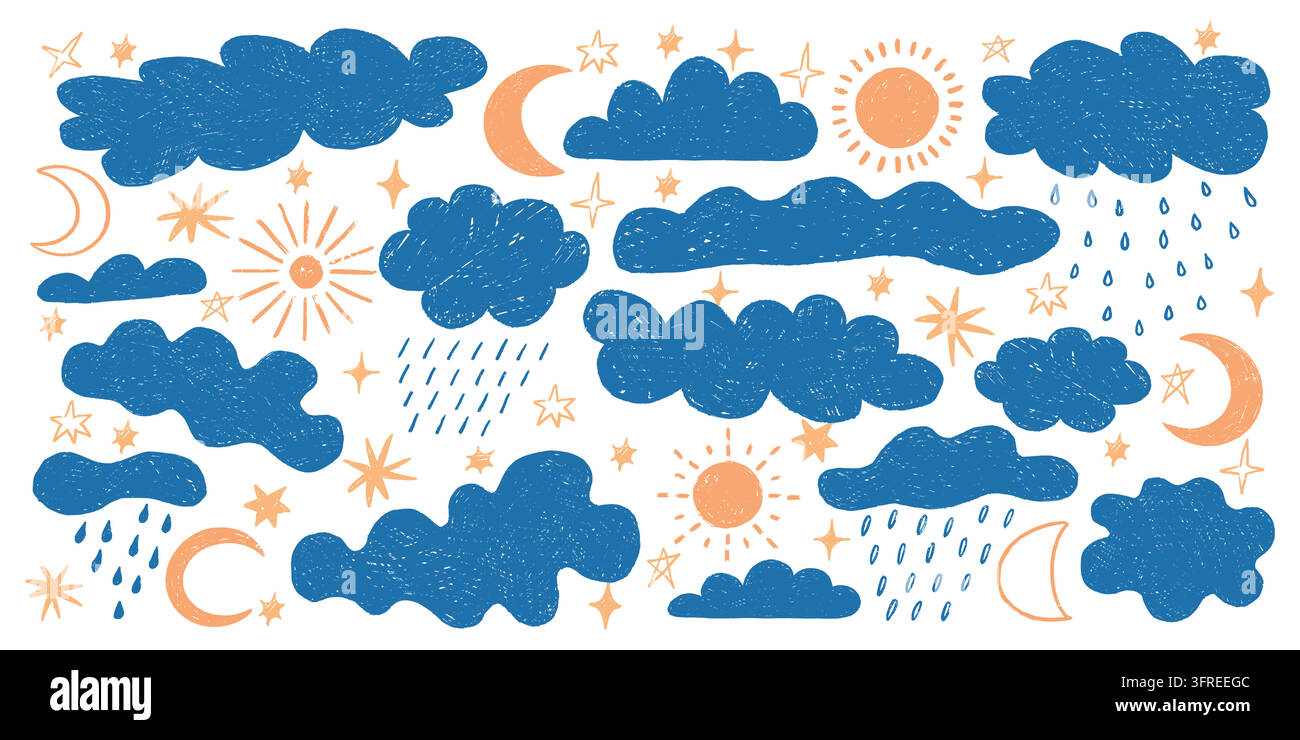 Crayon clouds set. Sun, rain weather and moon, kid hand drawn stars. Cute baby pencil texture, child sketch, atmospheric symbols for forecasts, decorative background element. Vector illustration Stock Vector