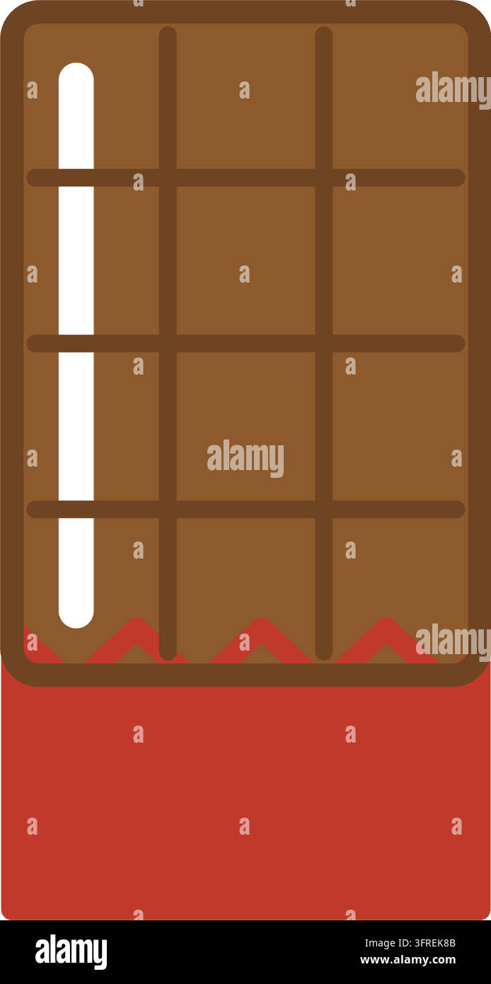 Flat vector illustration of a milk chocolate bar with segment grooves and a torn red wrapper, isolated on a white background. Sweet and candy icon. Stock Vector