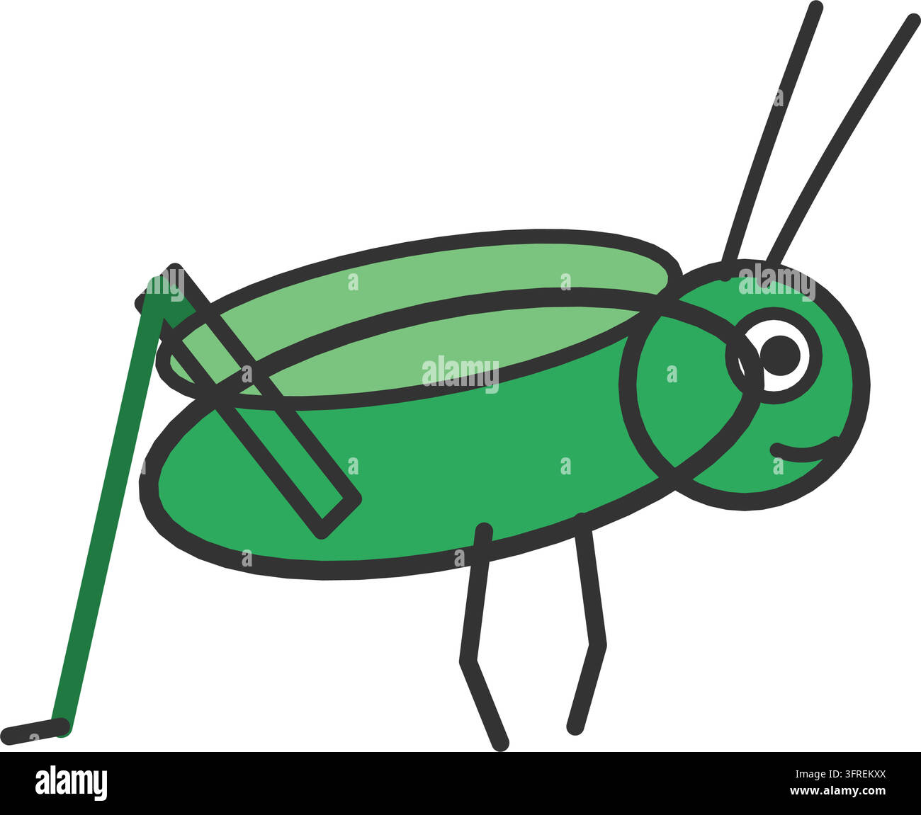 Flat vector illustration of a green grasshopper with powerful hind jumping legs and long antennae, side view, isolated on a white background. Stock Vector