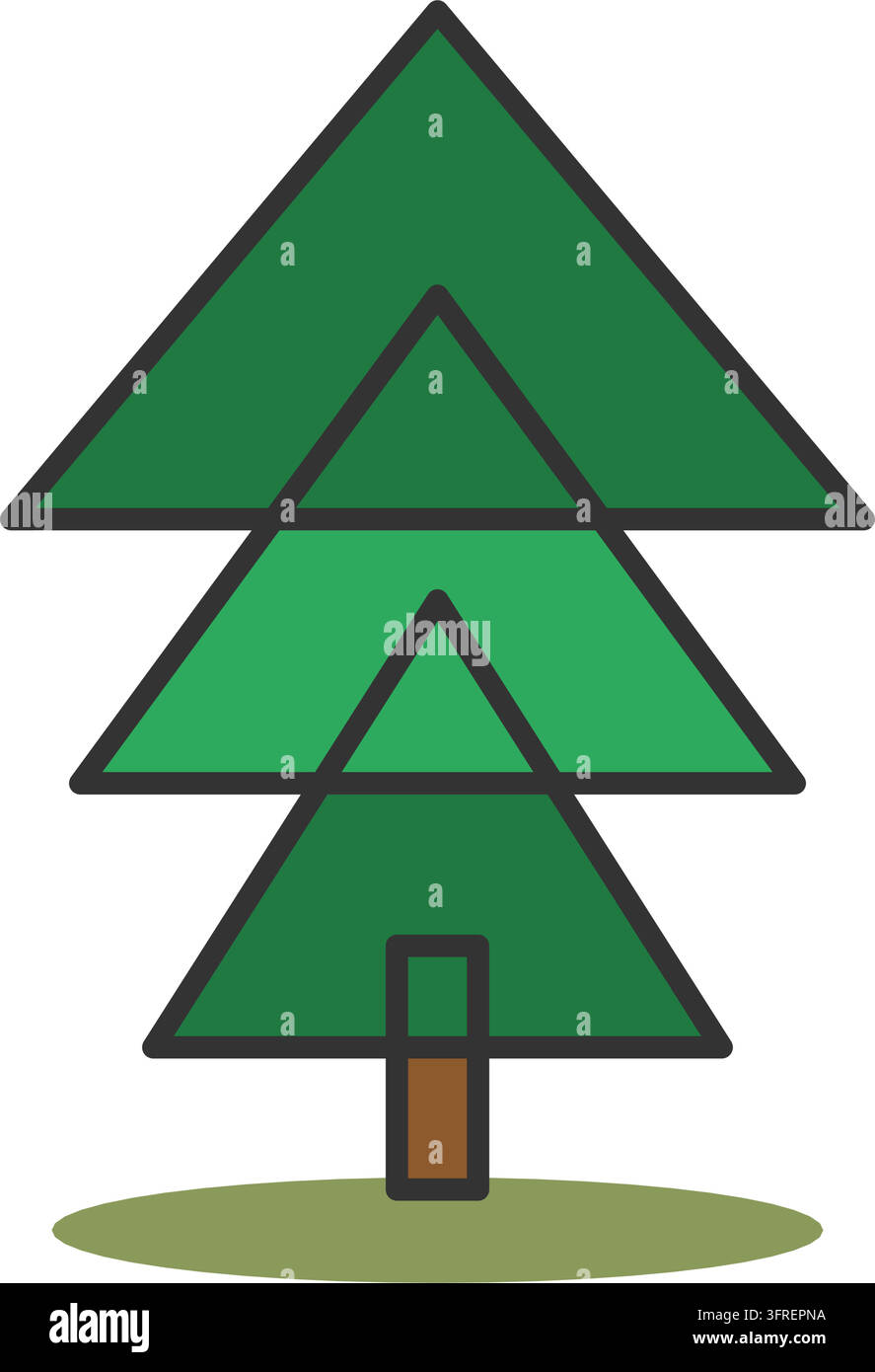 Flat vector illustration of an evergreen pine tree with three triangular green tiers and a brown trunk, isolated on a white background. Stock Vector