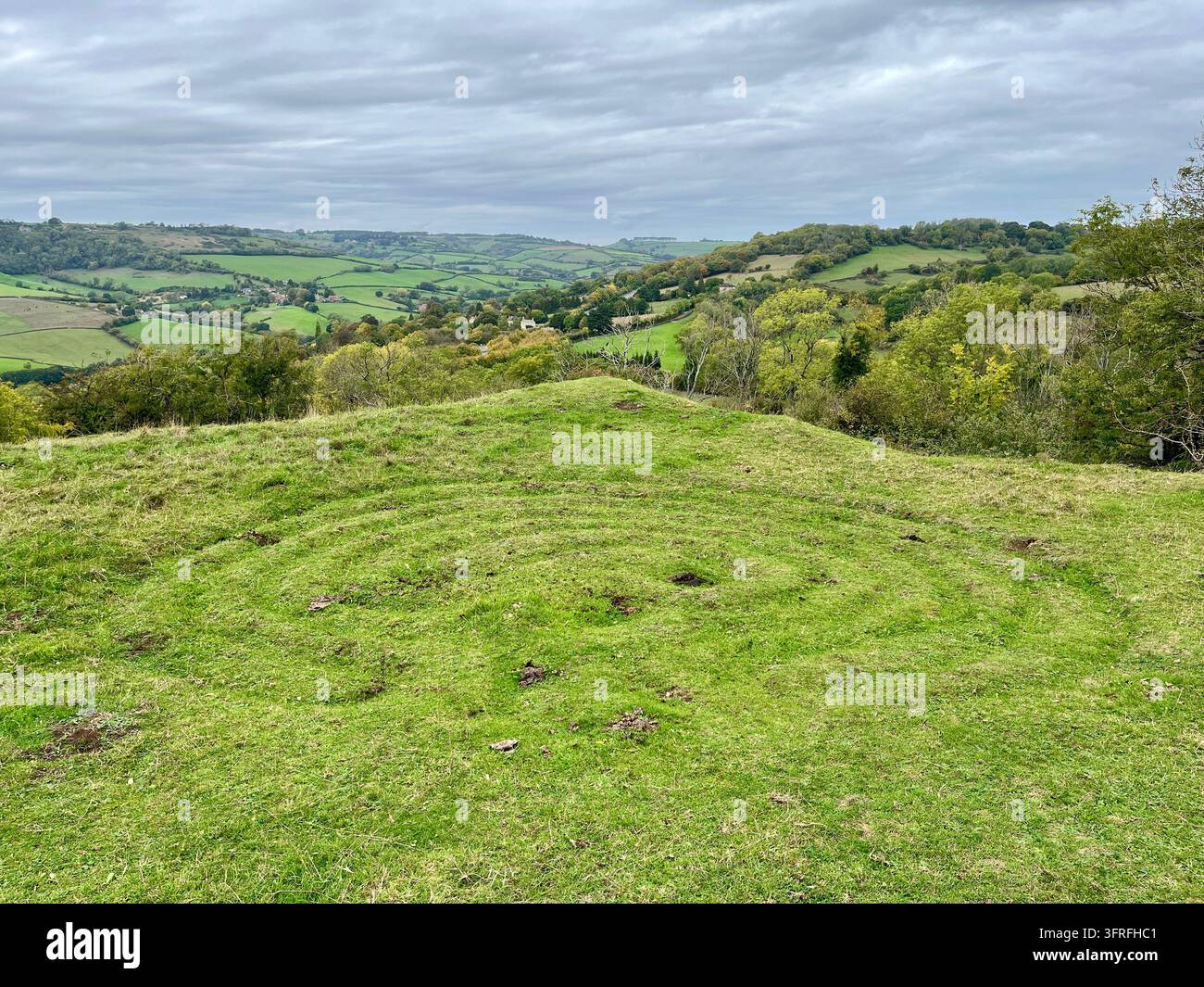 Turf labyrinth on the perimeter of Solsbury Hill, on the NW side, overlooking the A46 road. Created by road protesters in the early 1990's - Smartphone Captured Stock Image