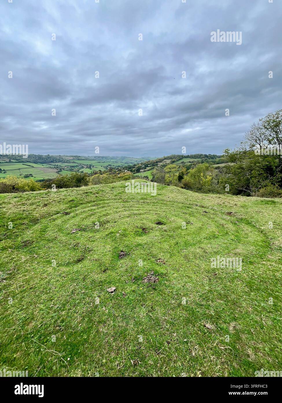 Turf labyrinth on the perimeter of Solsbury Hill, on the NW side, overlooking the A46 road. Created by road protesters in the early 1990's - Smartphone Captured Stock Image