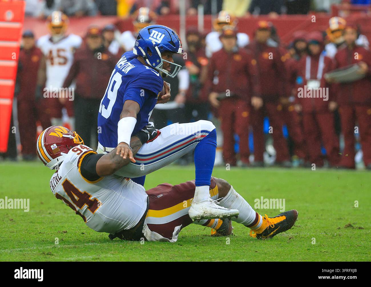 Commanders Vector October 11, 2026: New York Giants QB #19 Jameis Winston is sacked by ...