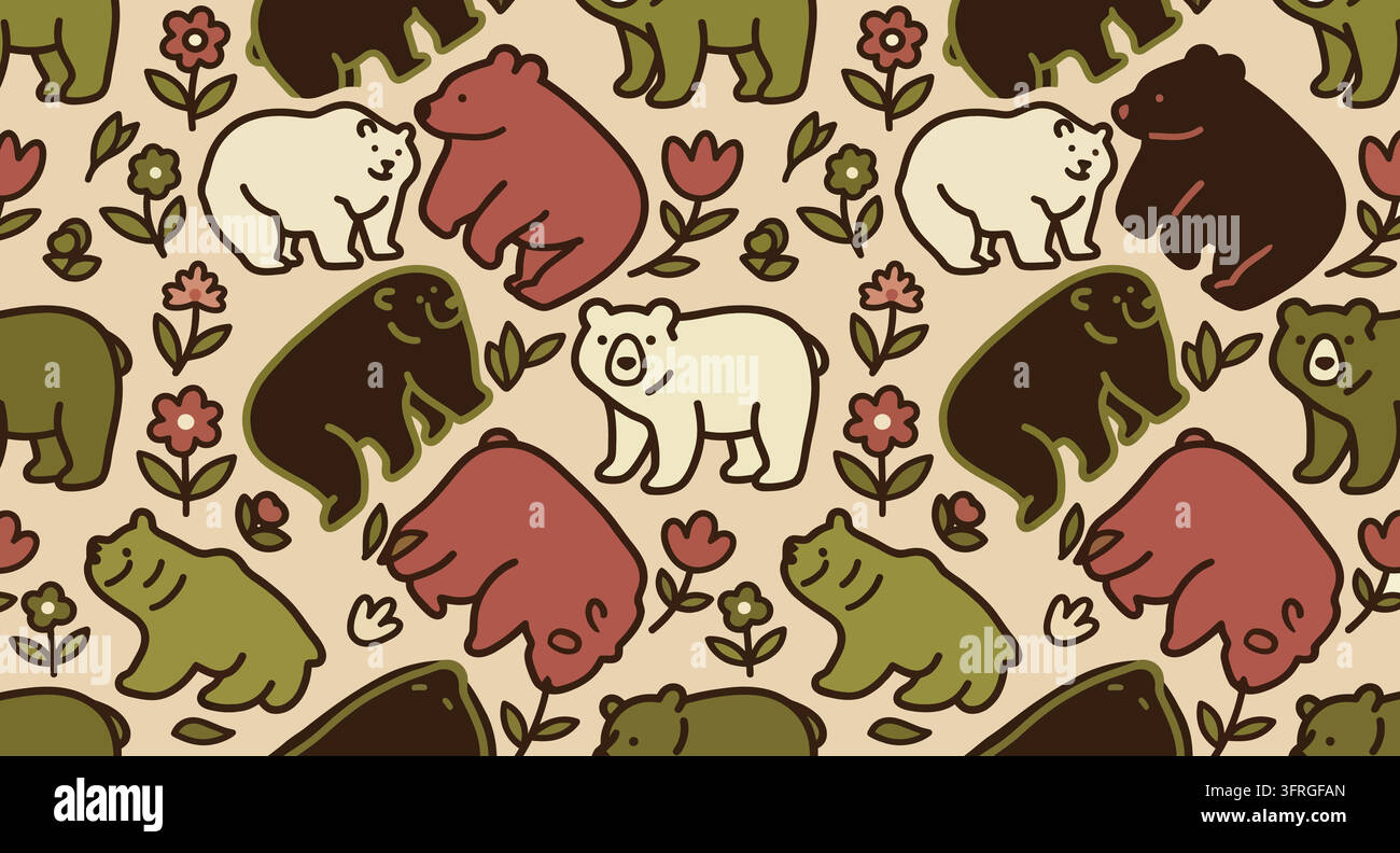 Cute seamless pattern featuring cartoon bears and small flowers on tan Stock Vector