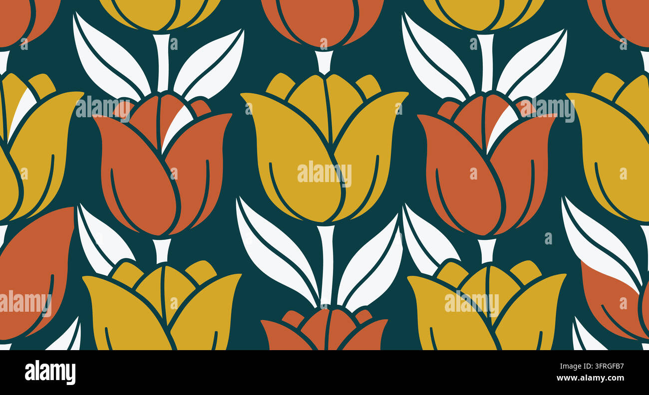 Bohemian floral pattern featuring vintage style orange tulips on dark teal Stock Vector