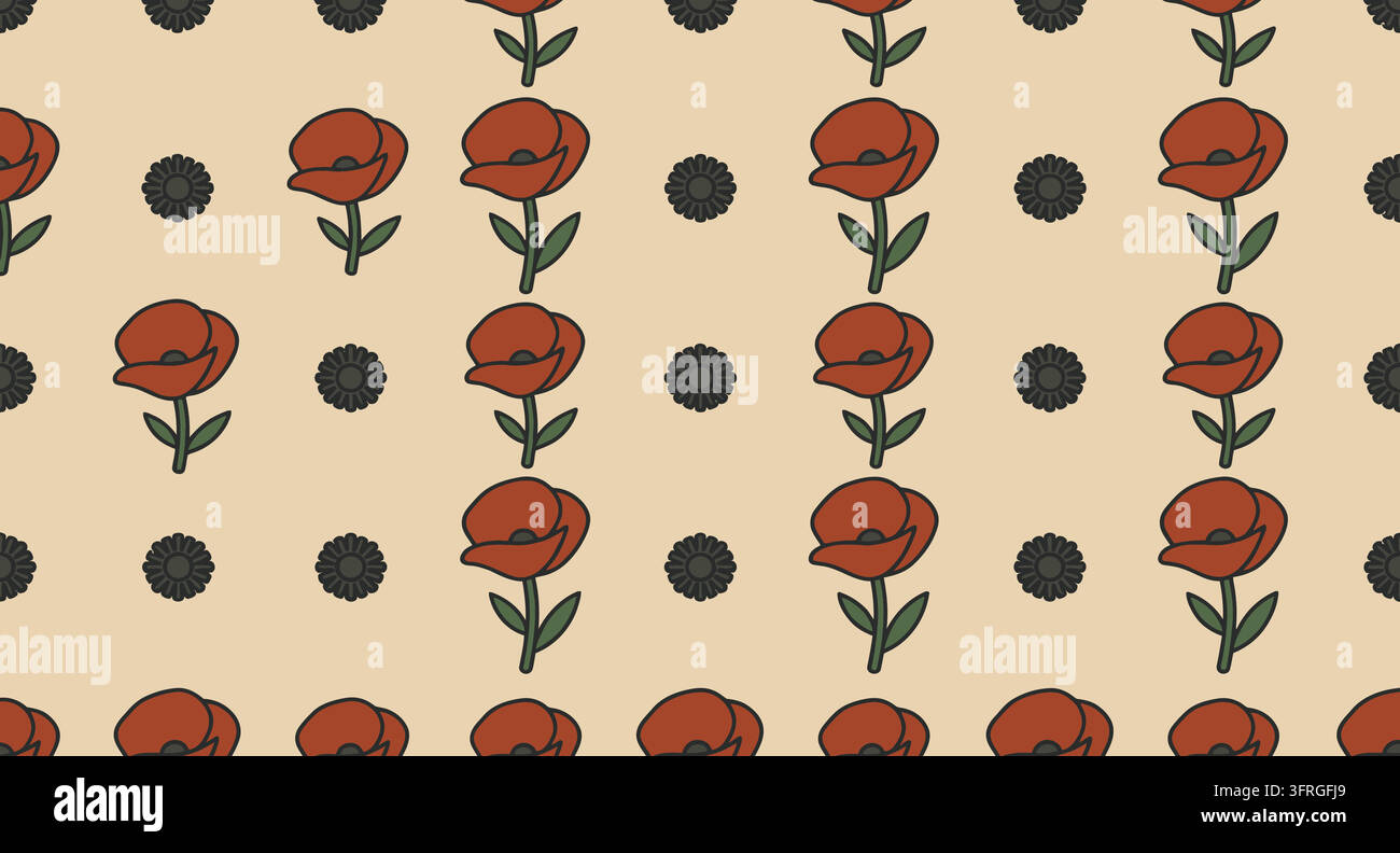 Seamless floral pattern featuring red poppies and dark dots Stock Vector