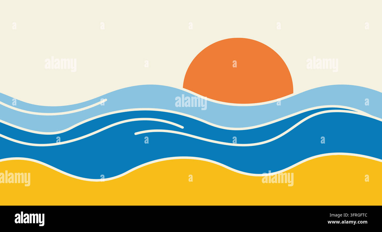 Stylized ocean waves with a setting sun above a sandy beach shore Stock Vector