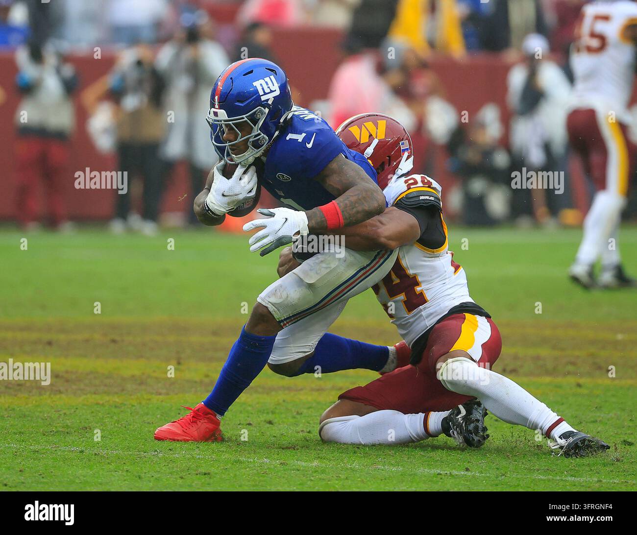 Commanders Vector October 11, 2026: New York Giants WR #1 Malik Nabers is tackled by ...