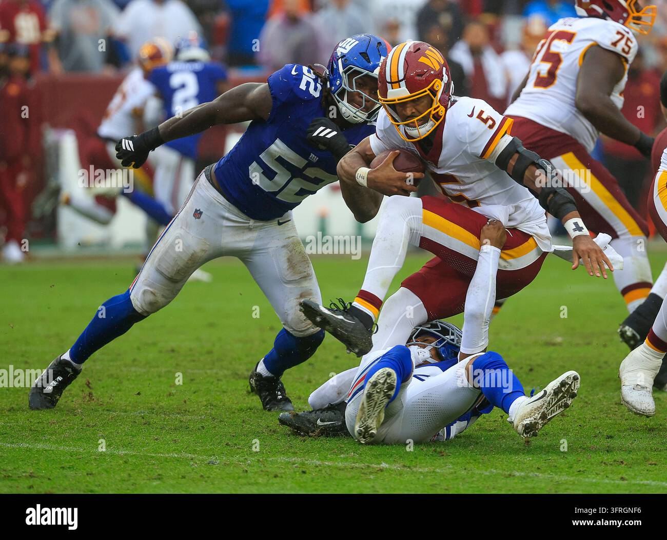 Commanders Vector October 11, 2026: Washington Commanders QB #5 Jayden Daniels is sacked ...