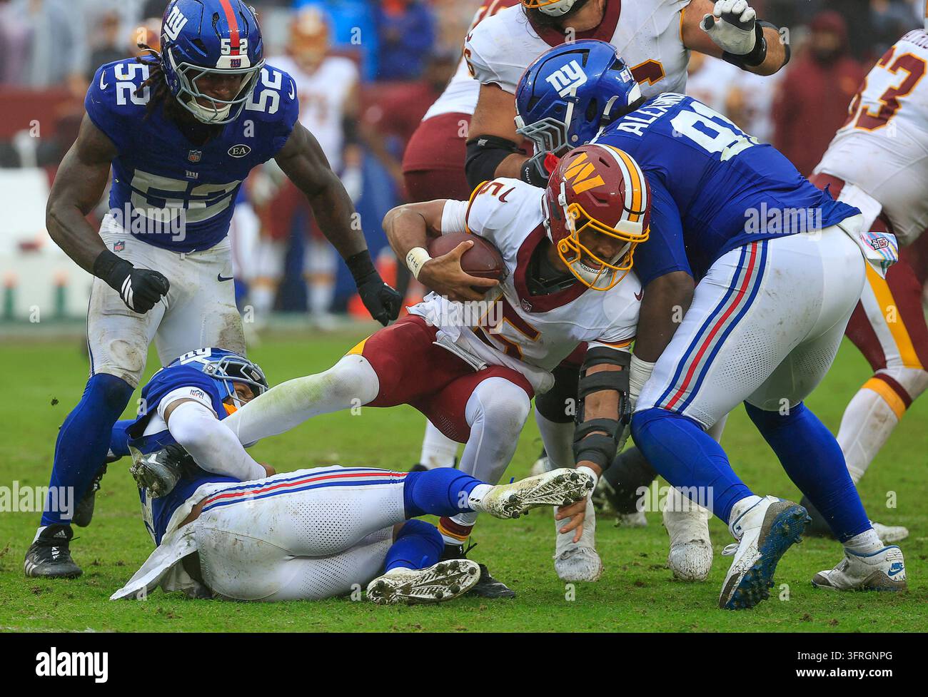 Commanders Vector October 11, 2026: Washington Commanders QB #5 Jayden Daniels is sacked ...