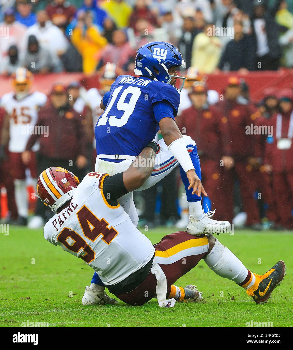 Commanders Vector October 11, 2026: New York Giants QB #19 Jameis Winston is sacked by ...