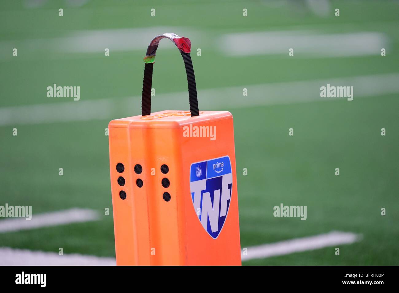 Pyolon A Thursday Night Football pylon is visible on the sideline during an ...