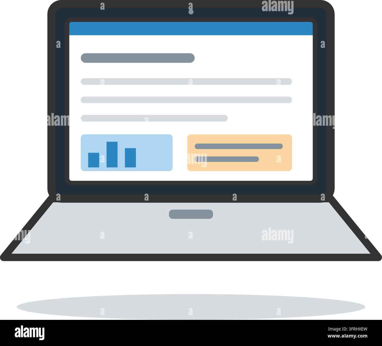 Open laptop computer with a document and bar chart on screen, webcam and trackpad base. Flat vector illustration, isolated on a white background. Stock Vector
