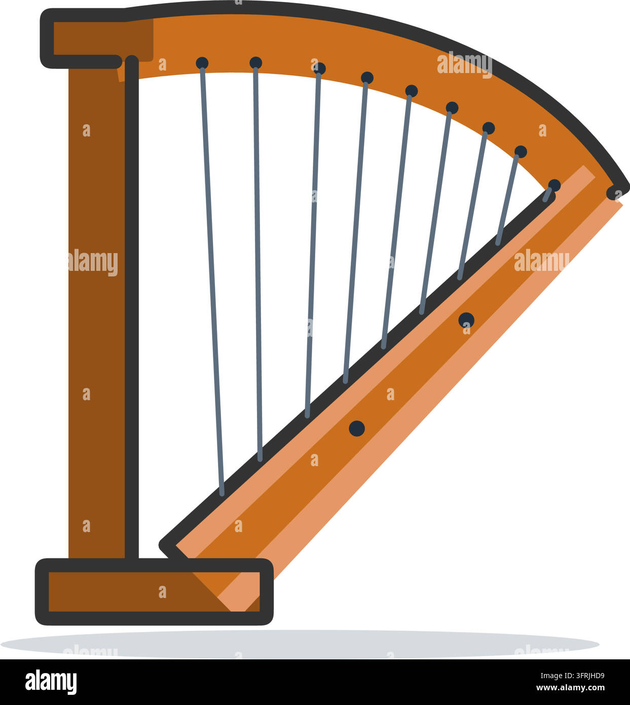 Flat vector illustration of a golden concert harp with nine strings and a curved neck, isolated on a white background. Classical music icon. Stock Vector