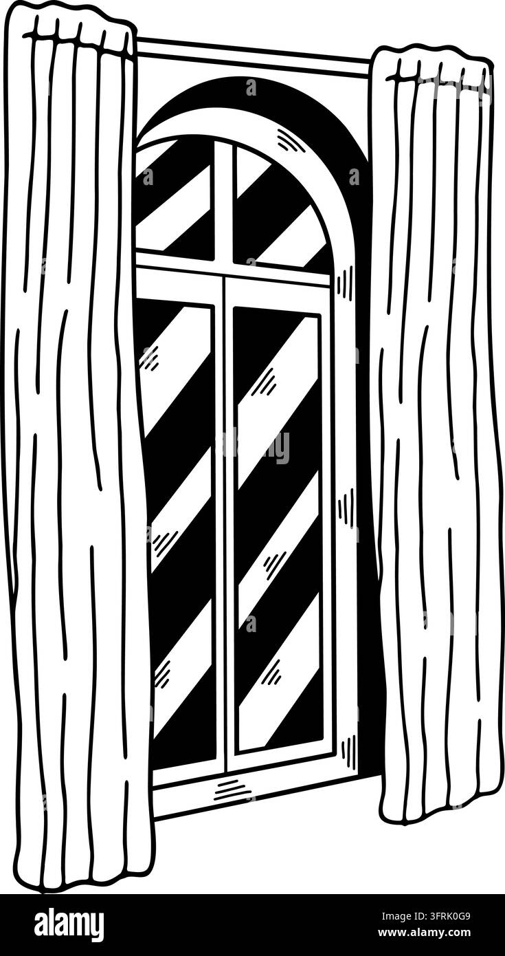 black and white illustration of a Minimalist Arched glass window Stock Vector