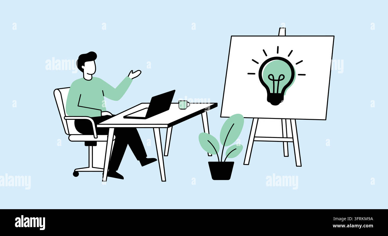 Creative professional presenting a bright lightbulb idea on a whiteboard Stock Vector
