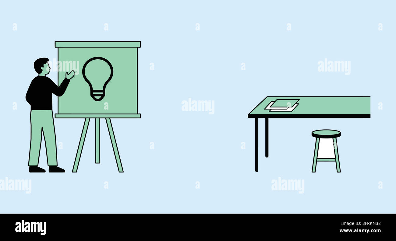 Business professional presenting bright idea on flipchart next to office table Stock Vector
