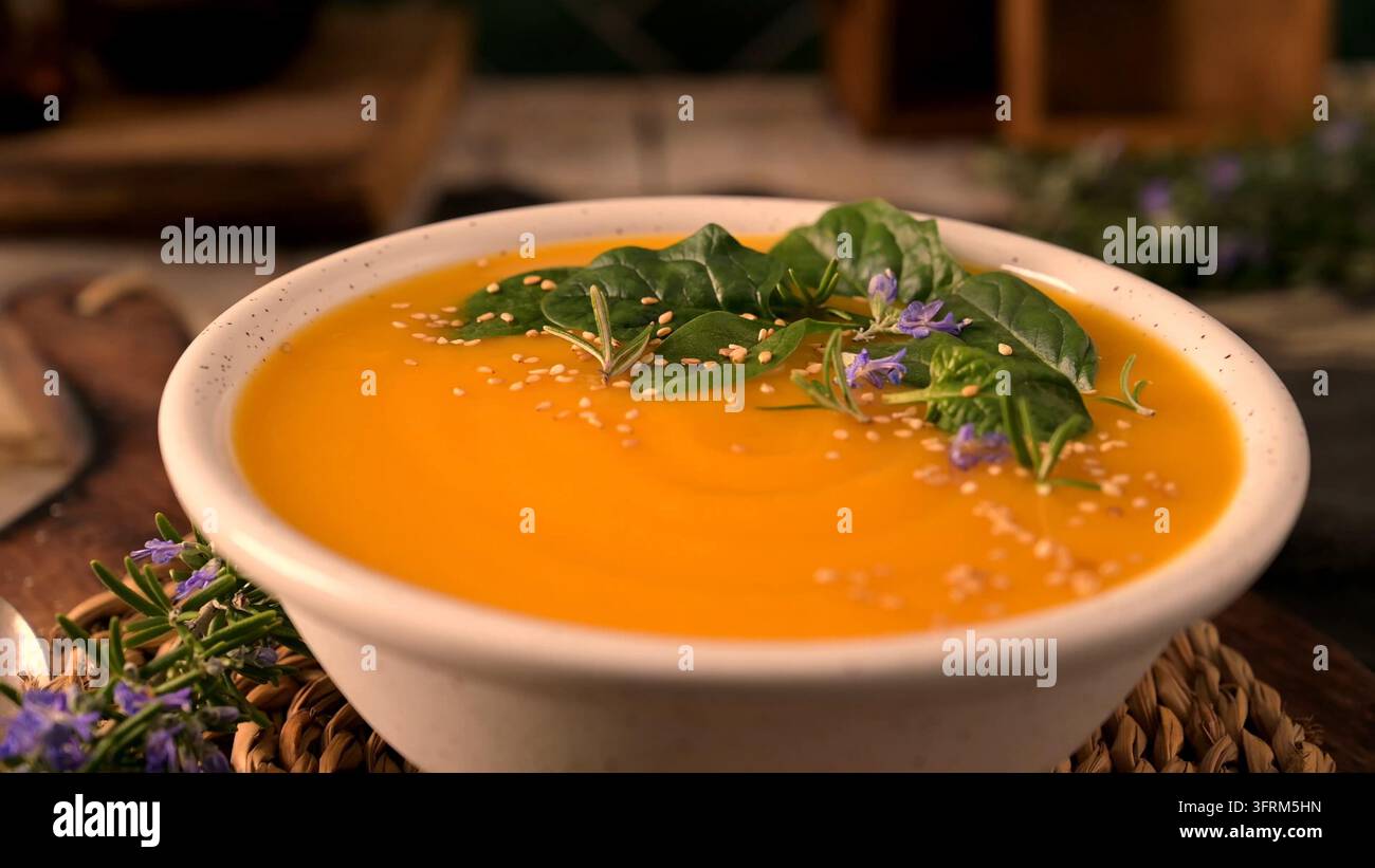 A vibrant bowl of smooth butternut squash or pumpkin soup served in a ...