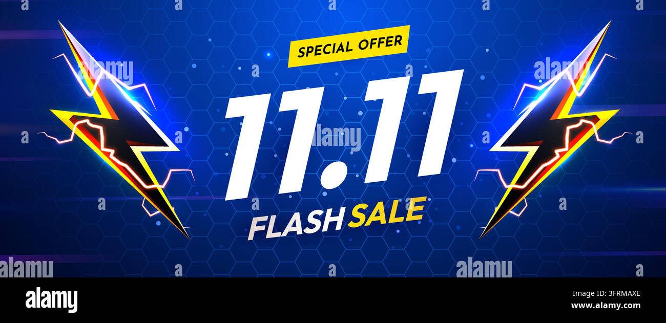 11.11 Flash Sale banner with lightning elements on a blue background. Vector illustration Stock Vector
