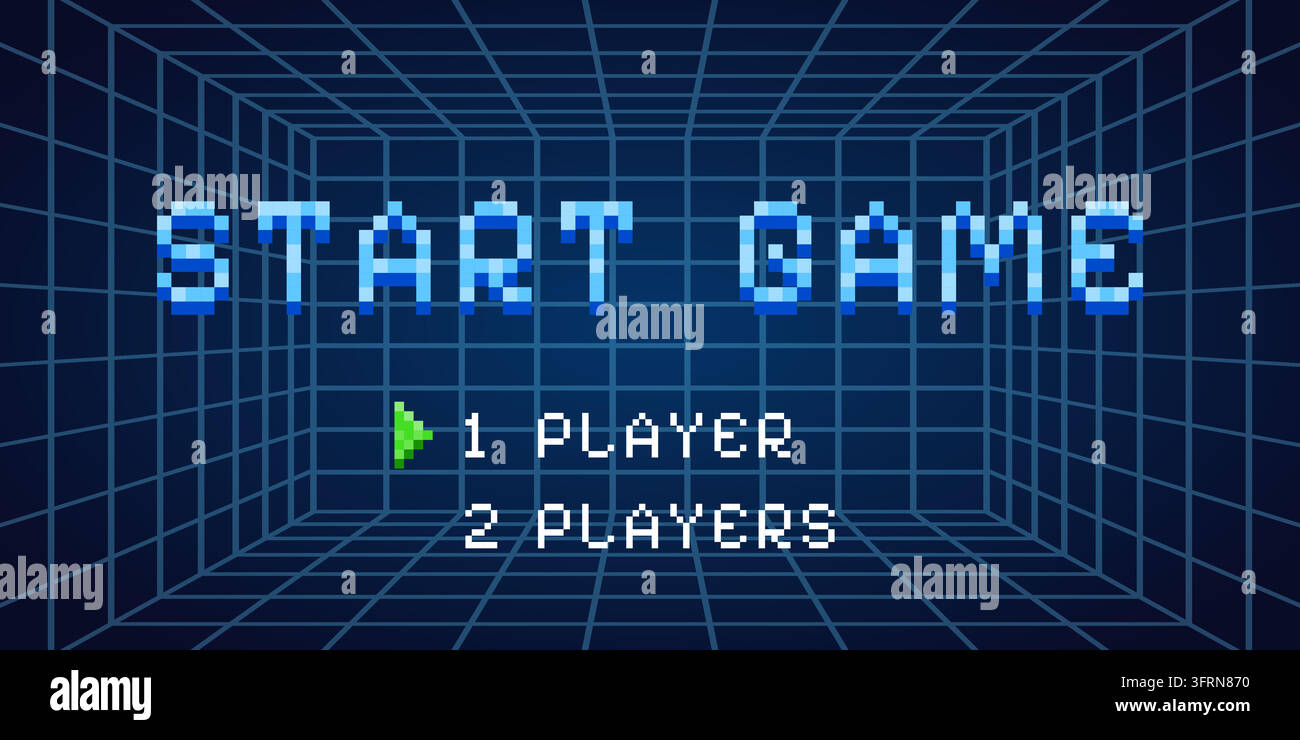 Arcade start screen. Retro game computer pixel graphic, player select press button 8bit classic old display vintage space entertainment digital grid background vector illustration original artwork Stock Vector