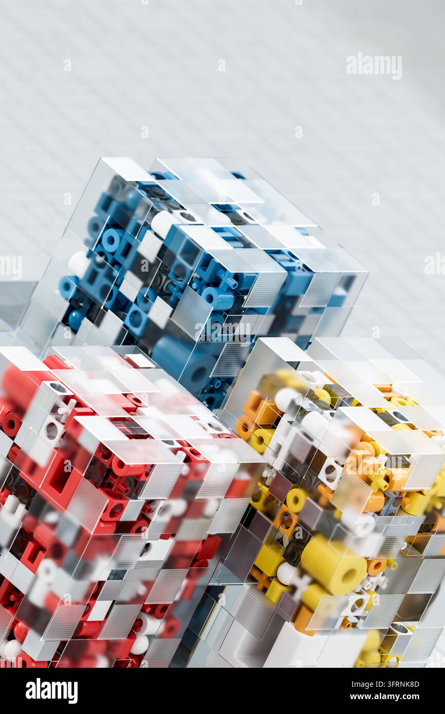 Abstract 3d digital data structure featuring modular blue, red and yellow components enclosed in transparent geometric cubes, symbolizing technology, Stock Photo