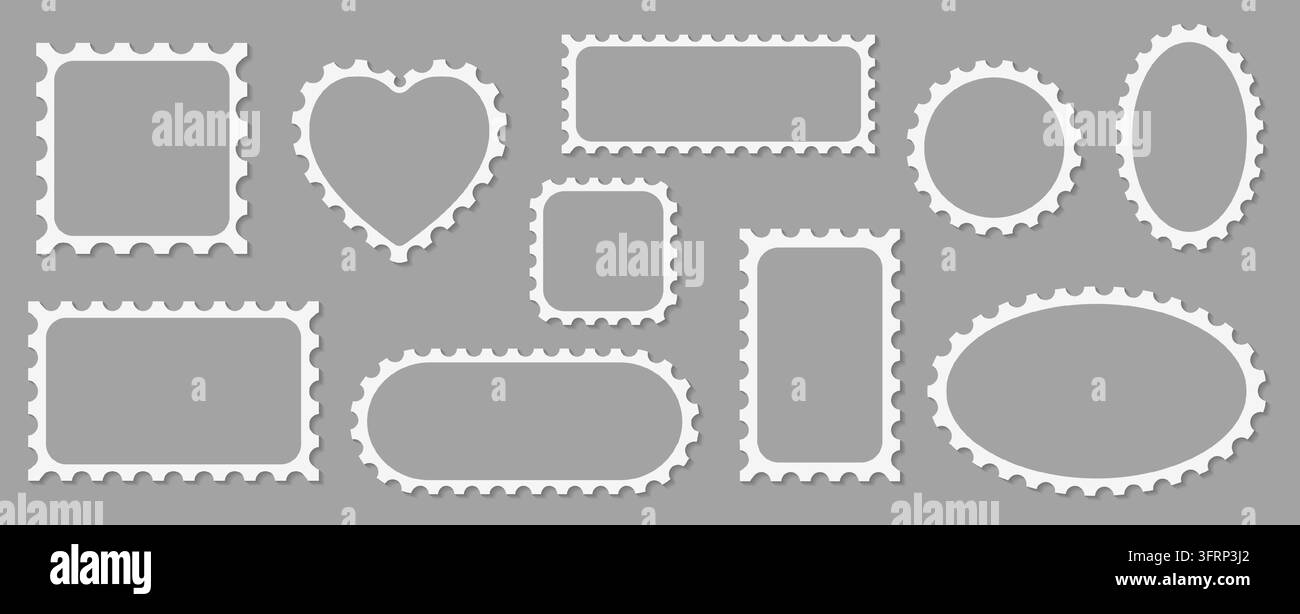 Pack of scalloped white postage frames isolated. Outline border template. Simple minimalist label text box. Blank scallop edge stamp mockup. Vector il Stock Vector