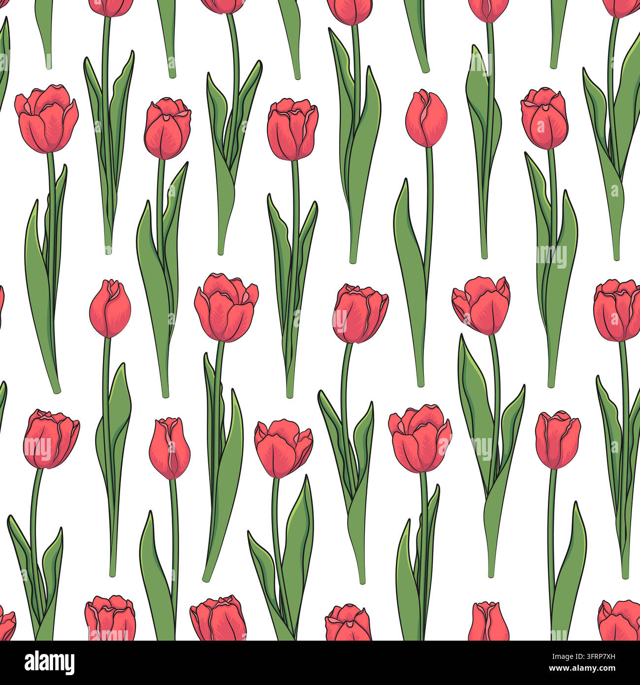 Seamless pattern with red tulips. Vector color background. Stock Vector