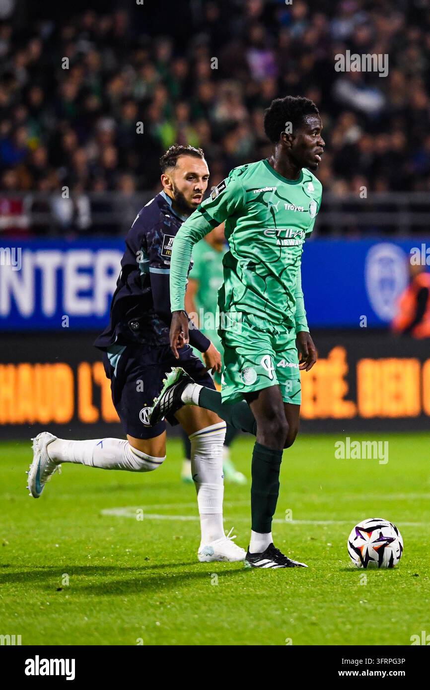 Junior DIAZ of Estac Troyes and Amine GOUIRI of Olympique de Marseille ...