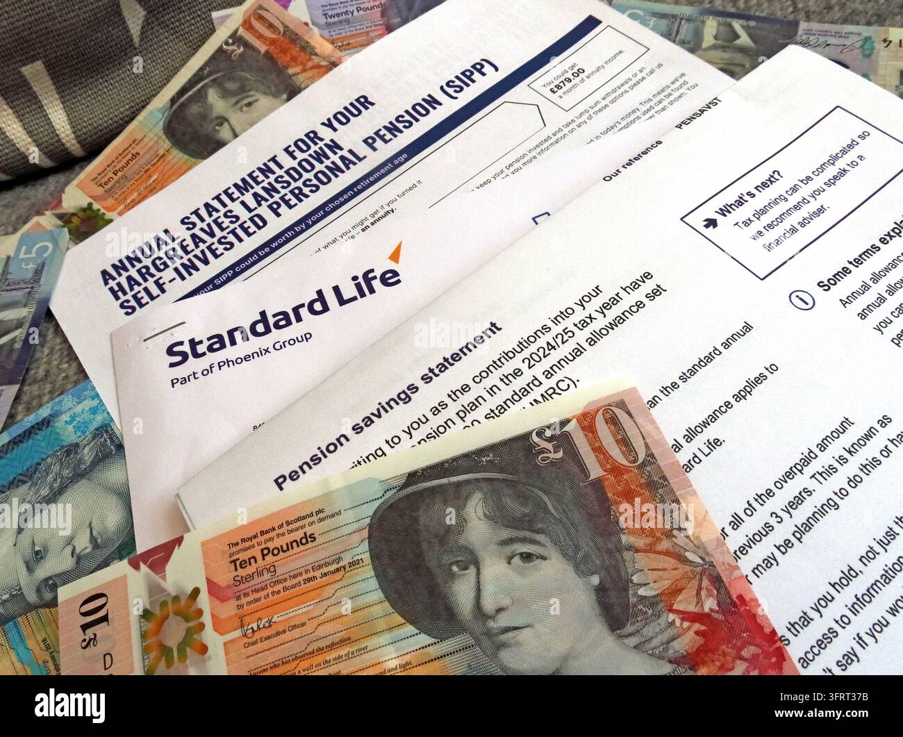 Scottish pension statement and notes, Scotland, UK. Stock Photo