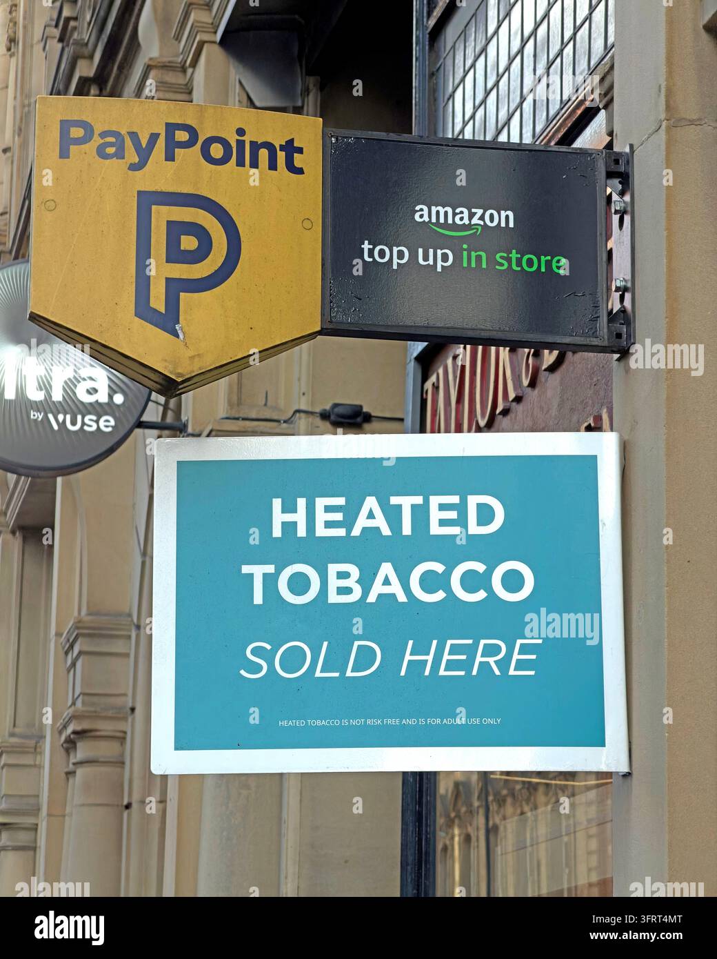 Heated tobacco and PayPoint signs, England, UK. Stock Photo